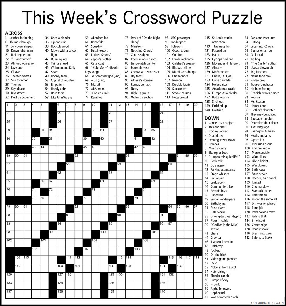 Crossword Puzzle Coloring Pages Weekly Crossword Puzzle Printable 2021 Coloring4free