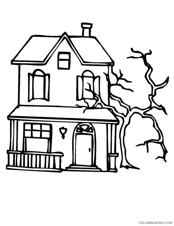 Haunted House Coloring Pages Spooky Dead Tree Beside Haunted House Printable 2021 Coloring4free