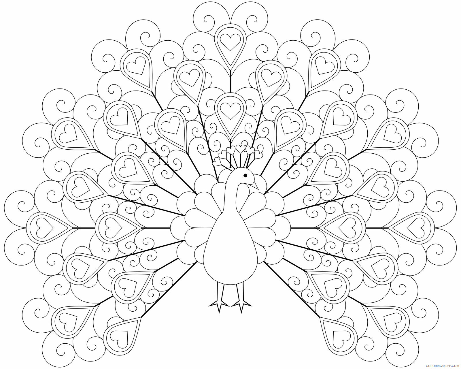 Heart Animal Coloring Pages Peacock with Hearts Printable 2021 3224 Coloring4free