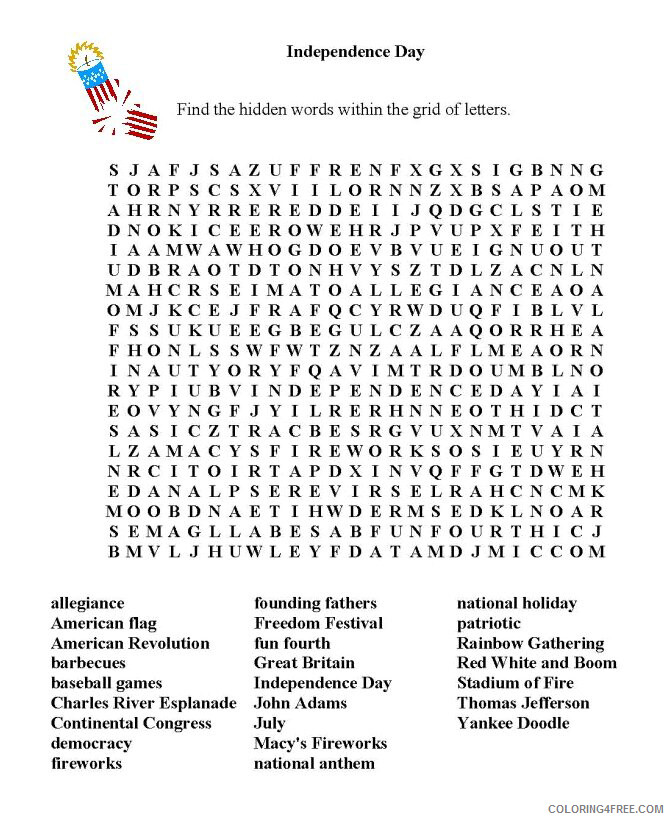 Independence Day Coloring Pages Independence Day Word Search Printable 2021 Coloring4free