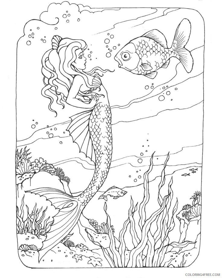 Mermaid Coloring Pages Mermaid Conversation with Fish Adult Printable 2021 4114 Coloring4free