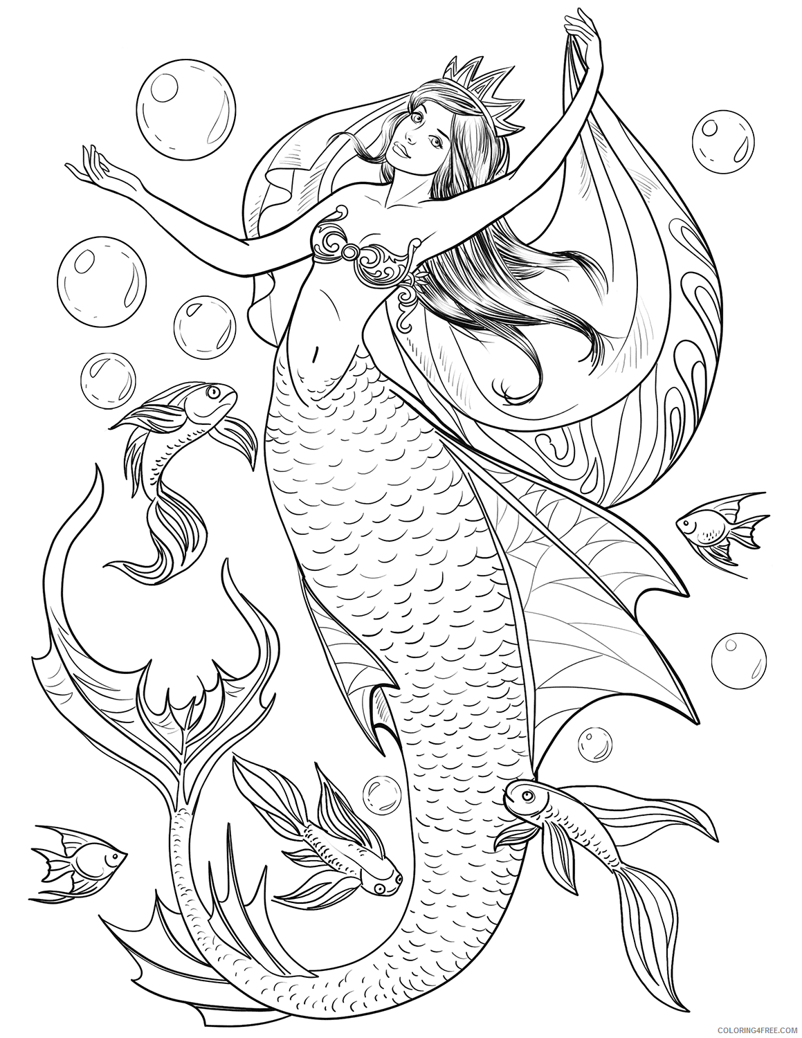 Mermaid Coloring Pages Mermaid and Fish Adult Printable 2021 4064 Coloring4free