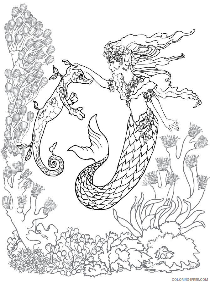 Mermaid Coloring Pages Mermaid and Seahorse Adult Printable 2021 4066 Coloring4free