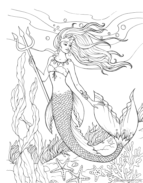 Mermaid Coloring Pages Mermaid with Trident Adult Printable 2021 4125 Coloring4free