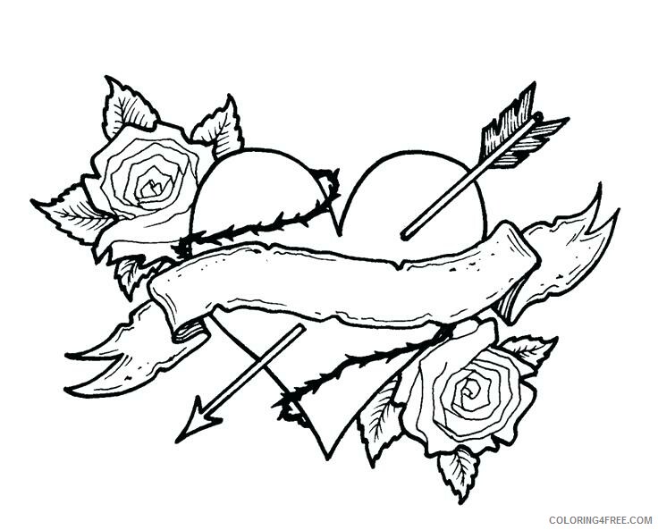 Rose and Heart Coloring Pages Roses and Hearts Tattoo Printable 2021 5127 Coloring4free
