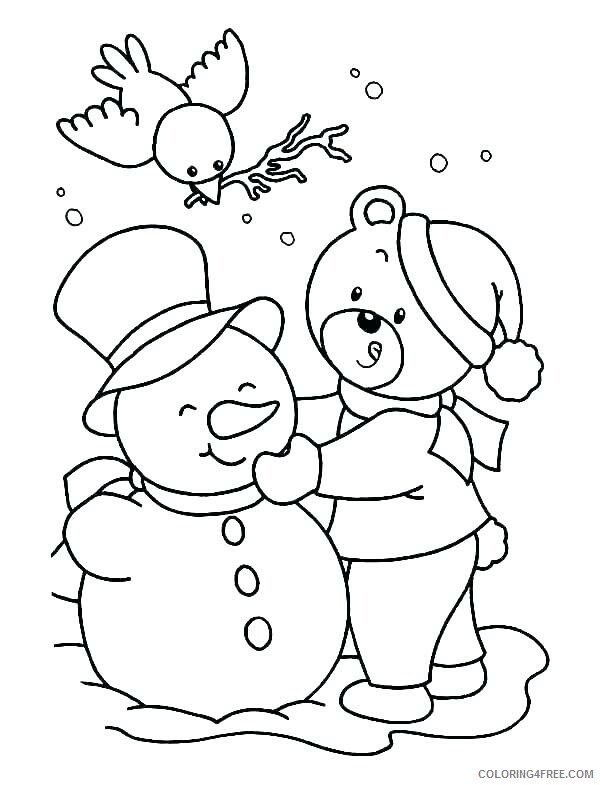 Snowman Coloring Pages Bear Building Snowman Printable 2021 5542 Coloring4free
