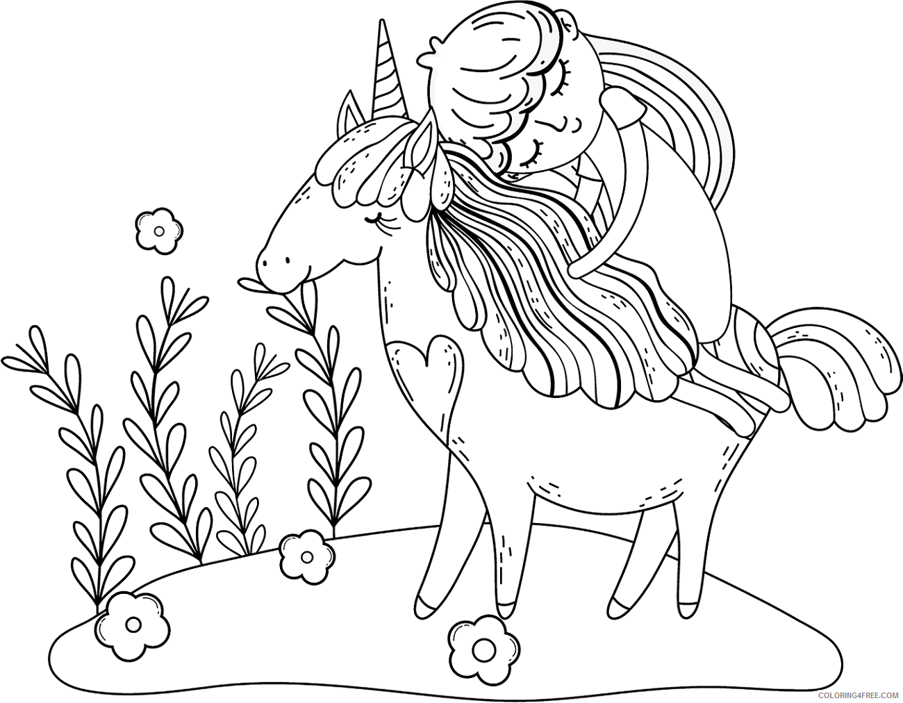 Unicorn Coloring Pages girl_sleeping_on_unicorn Printable 2021 6034 Coloring4free