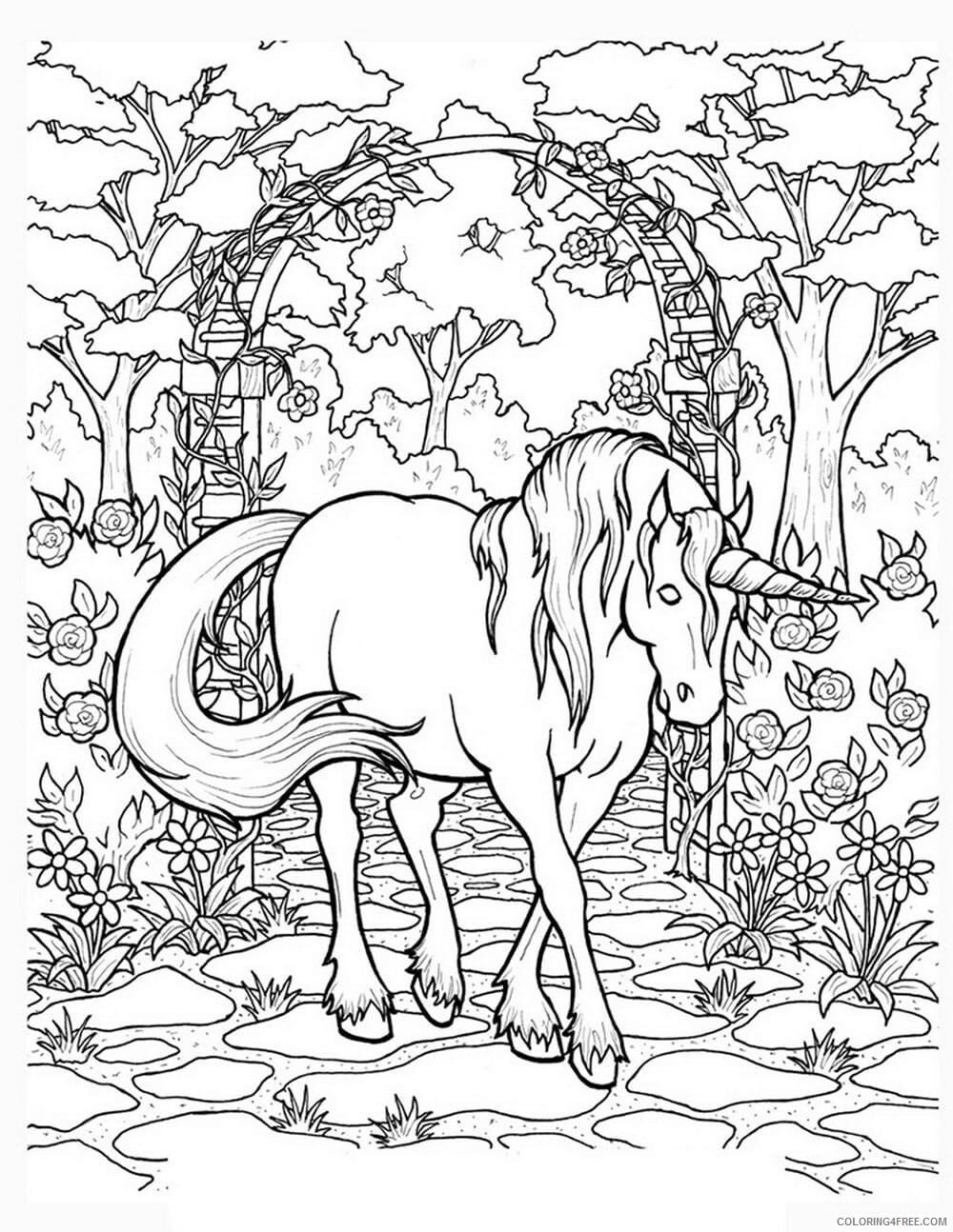 Unicorn Coloring Pages unicorn_in_the_garden Printable 2021 6059 Coloring4free