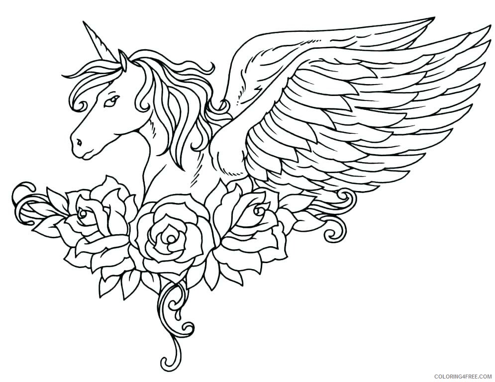Winged Unicorn Coloring Pages Unicorn and Roses Printable 2021 6297 Coloring4free