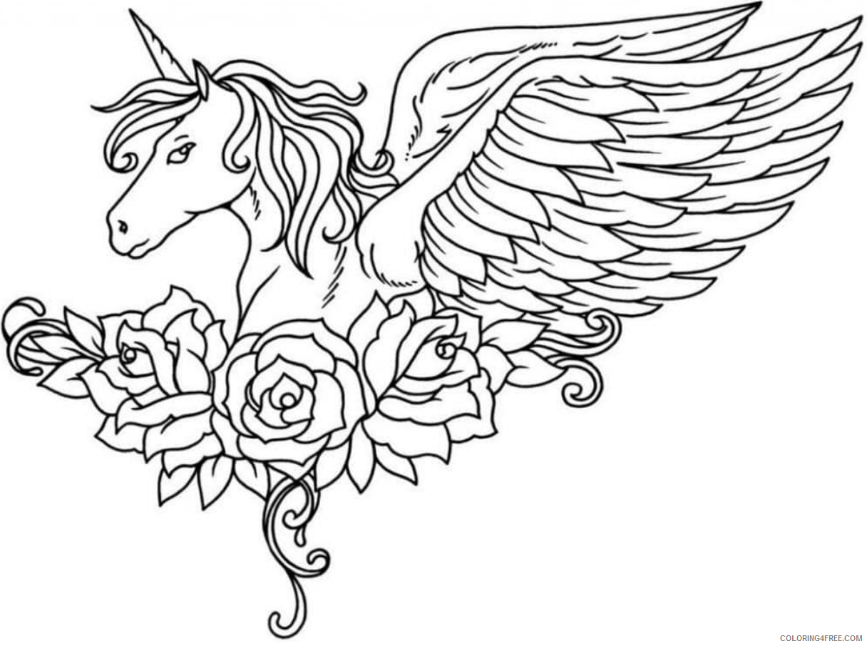 Winged Unicorn Coloring Pages winged_unicorn_and_flowers Printable 2021 6301 Coloring4free