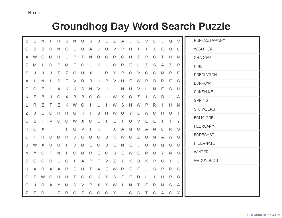 Word Search Puzzle Coloring Pages Groundhog Day Word Search Puzzle Printable Coloring4free