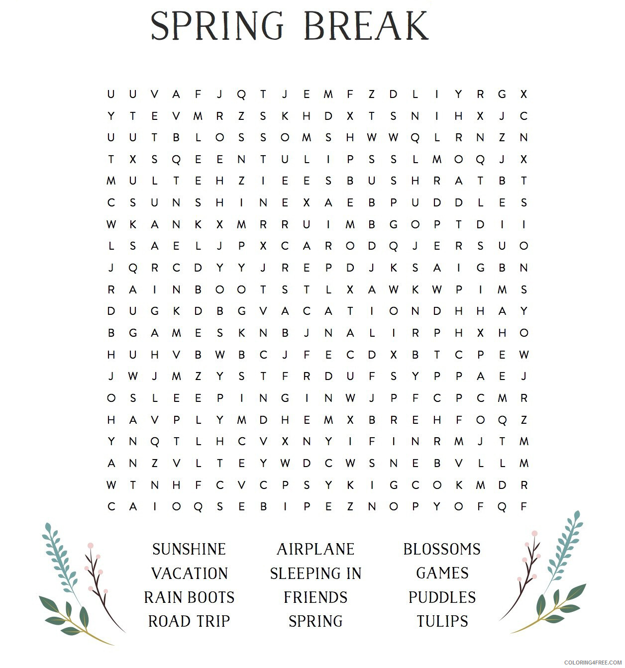 Word Search Puzzle Coloring Pages Spring Break Word Search Printable 2021 Coloring4free