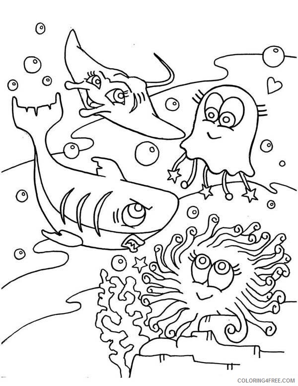 Fish Coloring Pages Animal Printable Cute Jellyfish Shark and Manta Ray 2021 Coloring4free