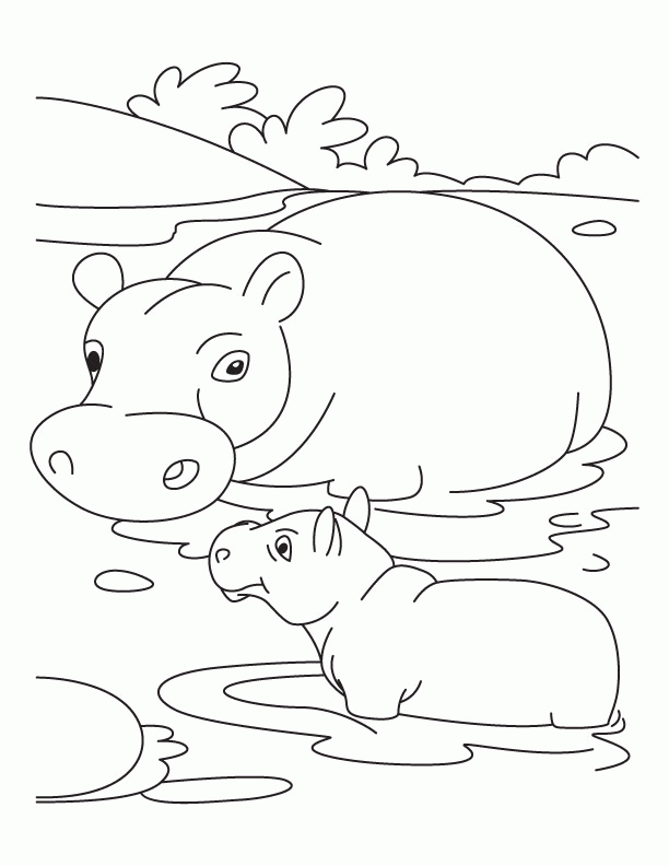 A Picture of a Hippo Printable Sheets Baby hippo with mother hippo 2021 a 0351 Coloring4free