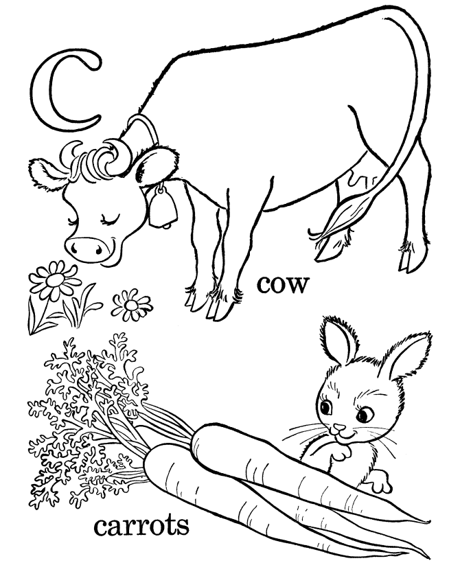 ABC Alphabet Coloring Pages Printable Sheets Letter C Cow and Carrots 2021 a 0783 Coloring4free
