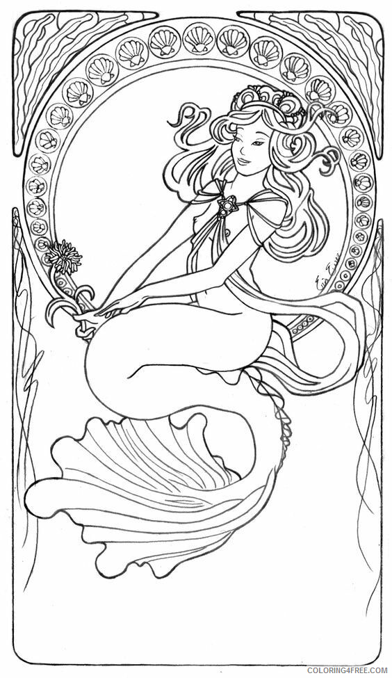Adult Coloring Pages Mermaid Printable Sheets Image detail for Mucha Mermaid 2021 a 2022 Coloring4free