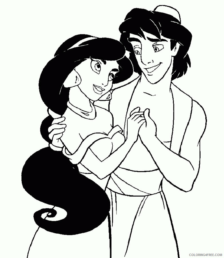Aladdin and Jasmine Coloring Pages Printable Sheets Aladdin Hugs Princess Jasmine 2021 a Coloring4free