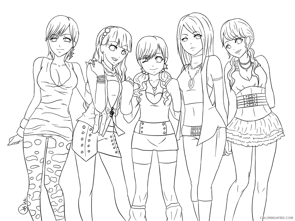 Anime Girls Group Coloring Page Printable Sheets Anime Friends Girls