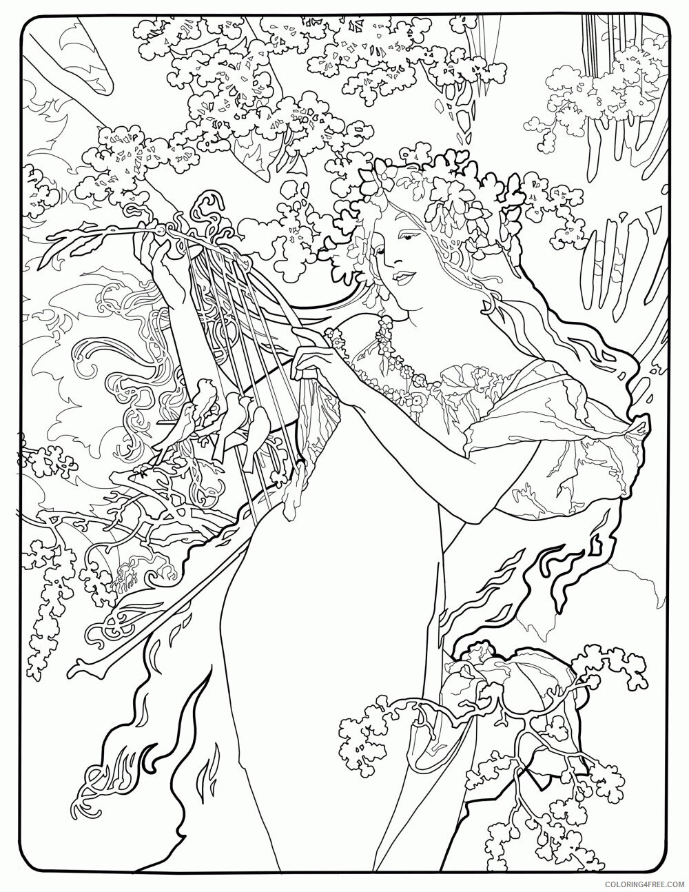 Art Nouveau Butterfly Coloring Page Printable Sheets Alfons Mucha Free 2021 a 3081 Coloring4free